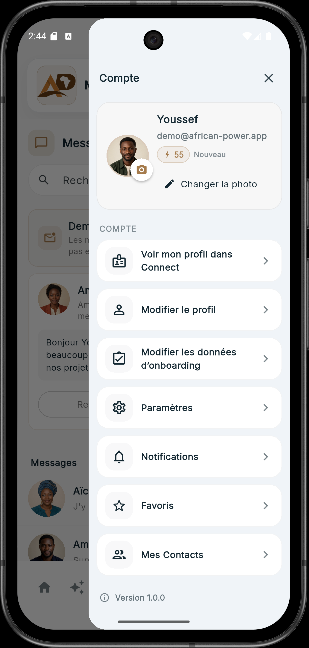 Aperçu du menu de profil APENGA